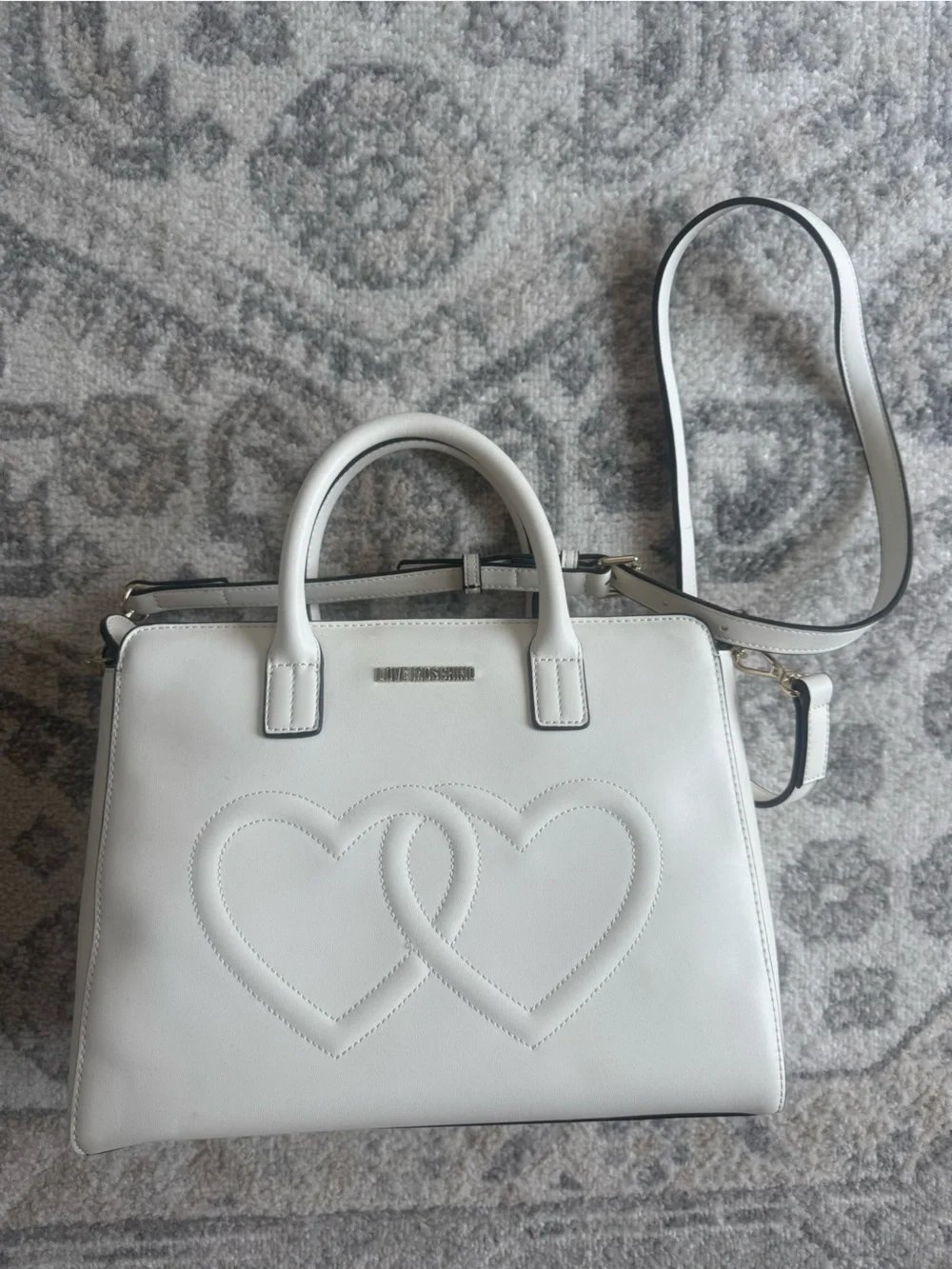 Love Moschino White Double-Heart Satchel with Detachable Strap BRAND NEW